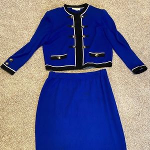 St John Royal Blue Black Gold Knit Skirt Sz 14 & Jacket Suit sz 12 USA *stained*